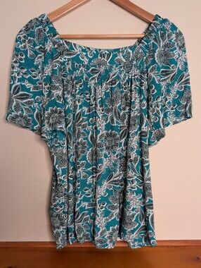 LOFT Teal Green Batik Floral Smocked Square Neck Flutter Top Size M